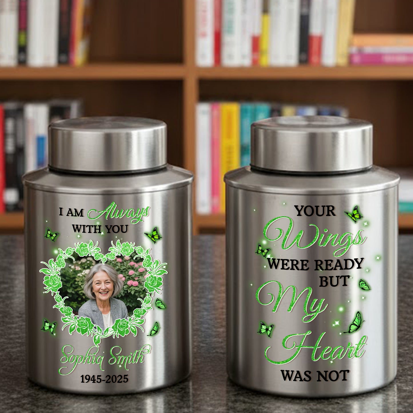 Heart Photo In Loving Memories Flowers -  Keepsake Wings Urn for Ashes - Stainless Steel Urn