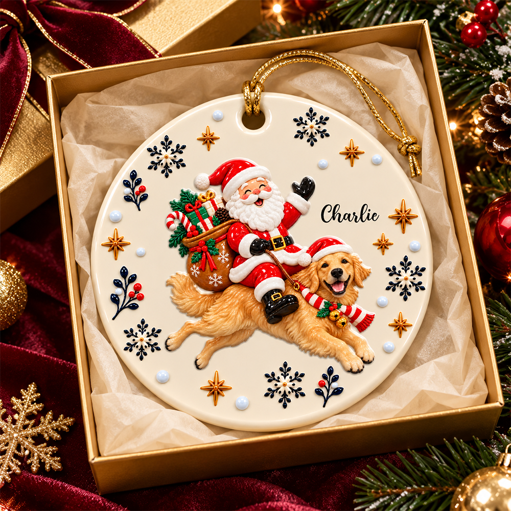 Santa On Dog's Back Upload Pet Photo Merry Christmas - Real 3D Relief Ornament