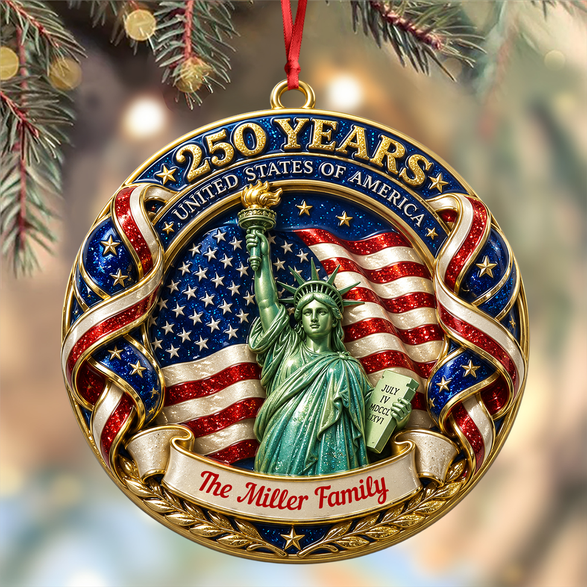 250 Years Christmas Ornament, United States Of America - Real 3D Relief Ornament