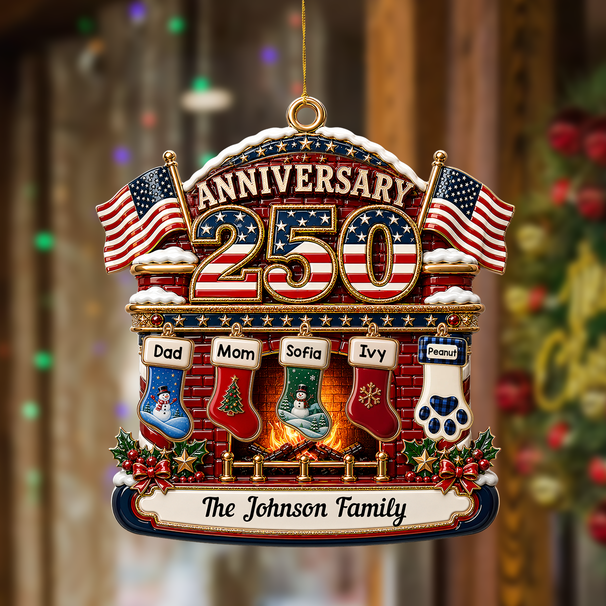 Christmas Fireplace Love United States Of America - Real 3D Relief Ornament