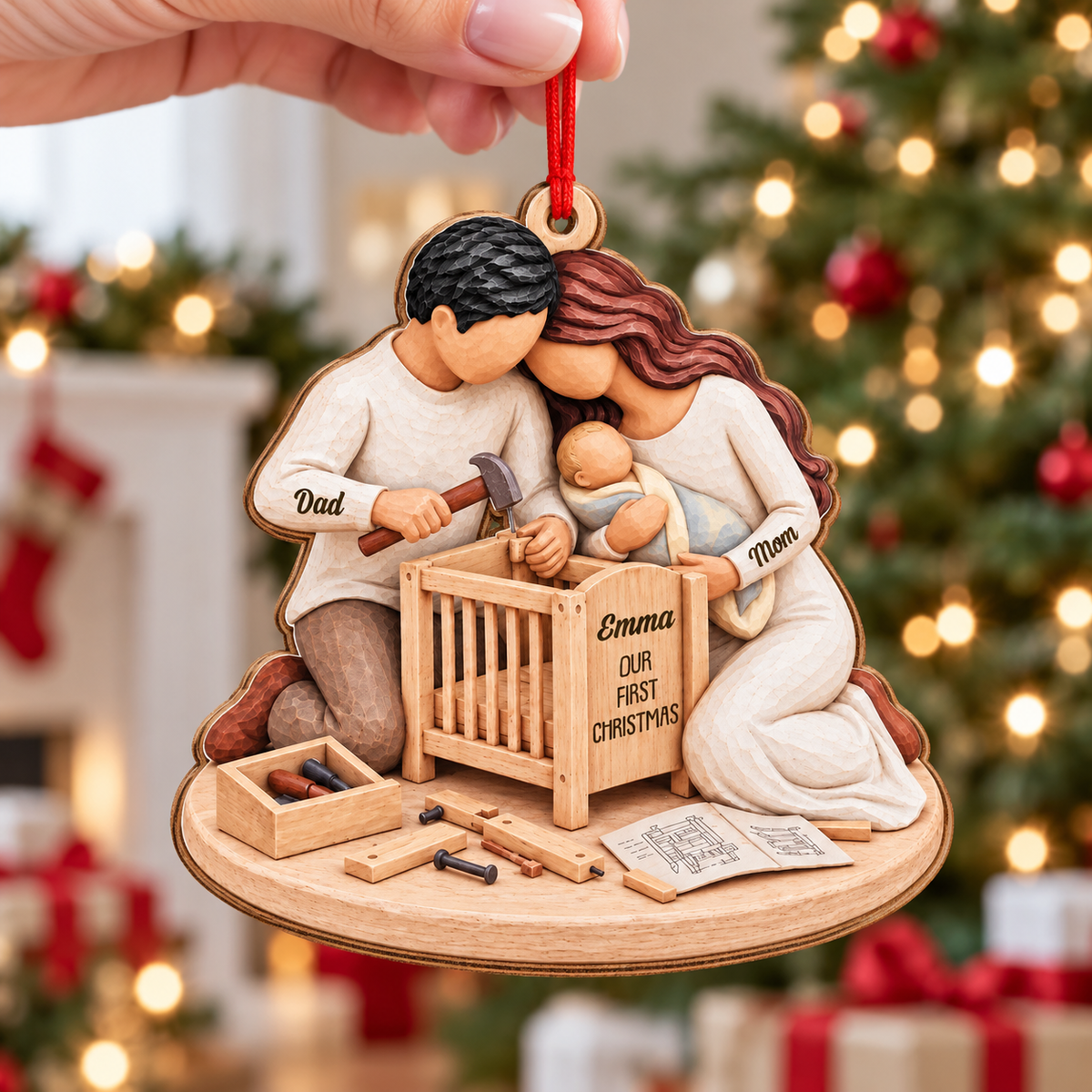 Expecting Couple Building Crib Ornament   - Custom Shaped 2 Layered Wood Christmas Ornament