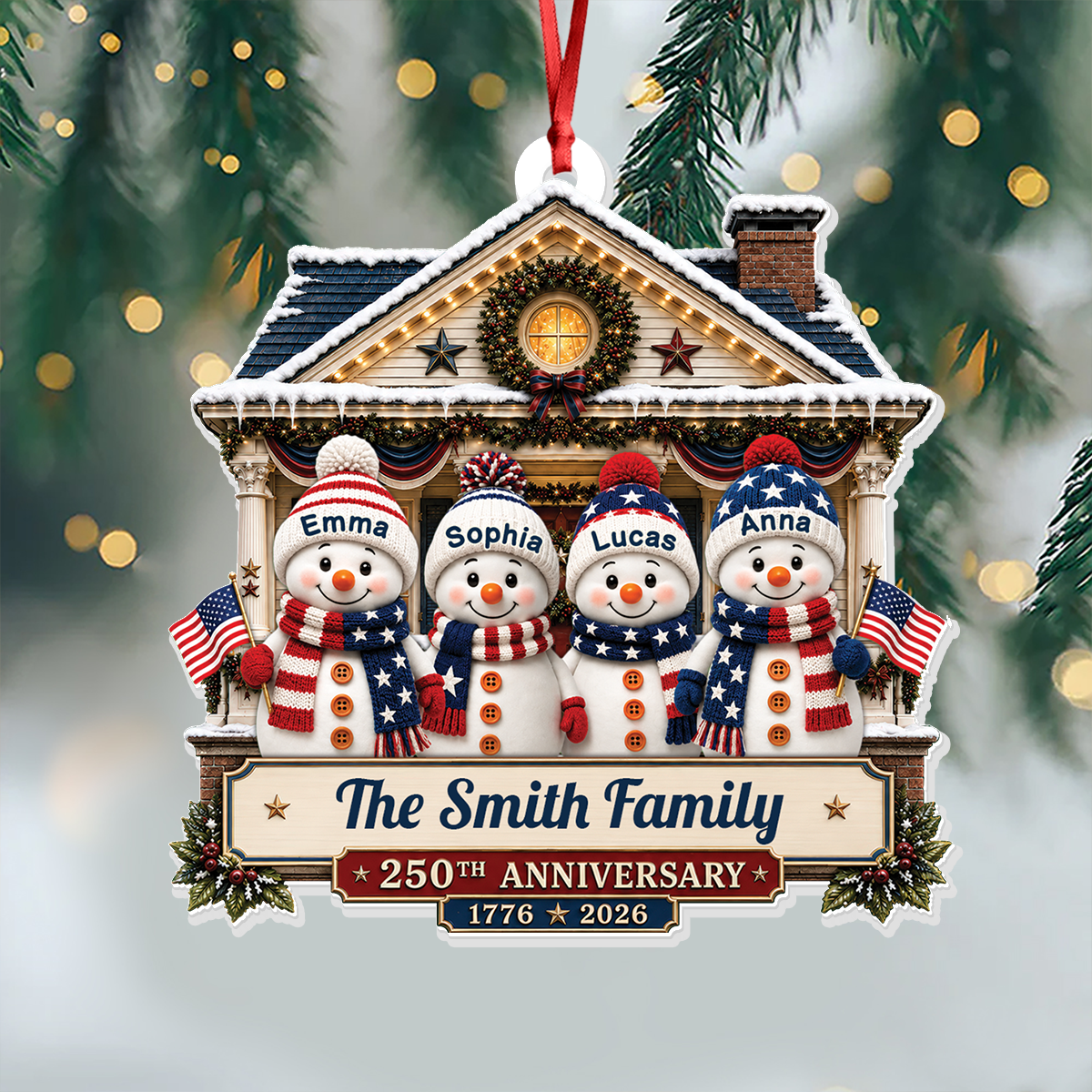 Snowman Family 250 Years Of Freedom Anniversary - Real 3D Relief Ornament
