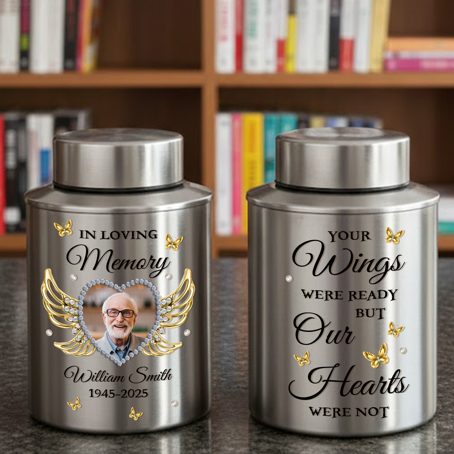In Loving Memories Miss You Photo -  Keepsake Wings Urn for Ashes - Stainless Steel Urn