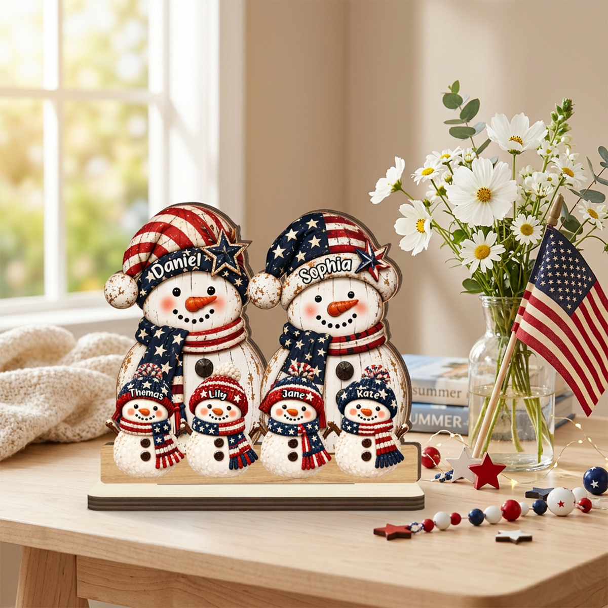 Christmas Family Snowman - Personalized 2-Layer Wood Plaque With Flat Base