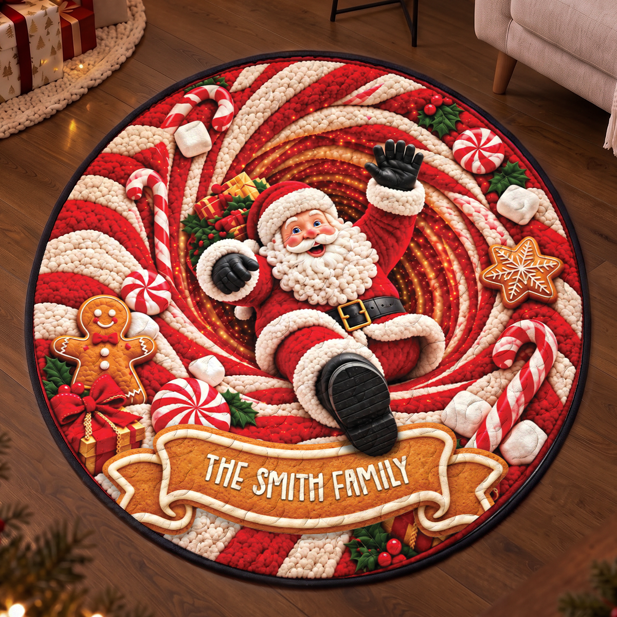 Santa Candy Cane and Gingerbread Round Mat  - Personalized Quilted Mat Custom Shaped Doormat - Christmas Decor 3D Round Rug