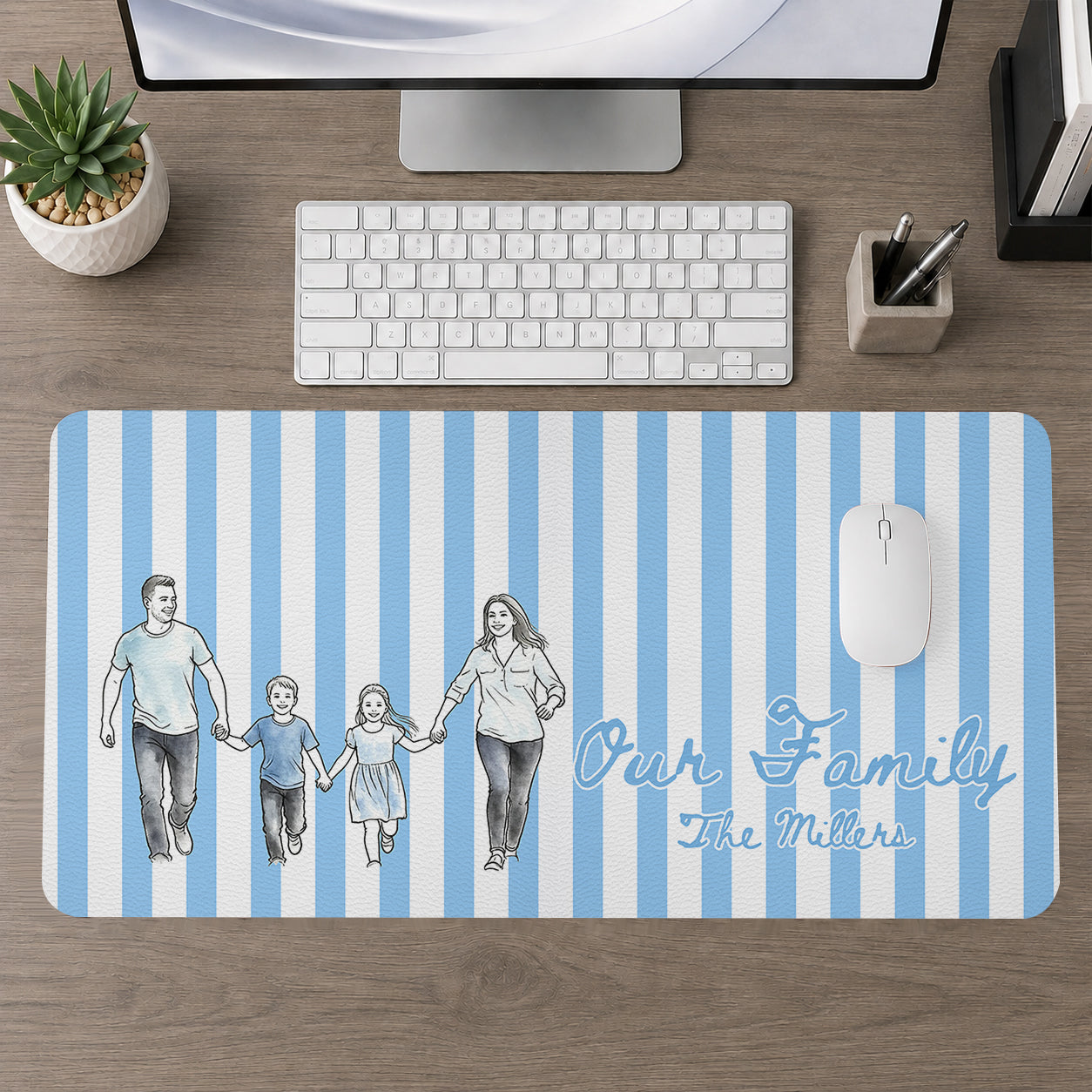 Our Family Custom Photo Watercolor - Personalized Leather Desk Mat