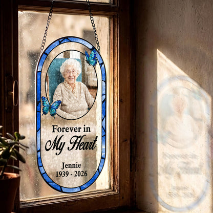 Forever In My Heart Memorial - Personalized Oval Stained Glass Suncatcher