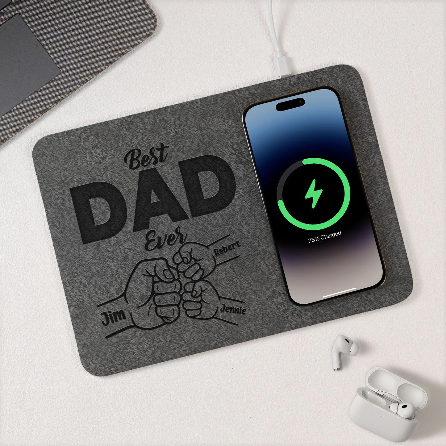 Father's Day Gifts, Custom Photo Pencil Sketch Best Dad Ever - Personalized Leather Charging Mat