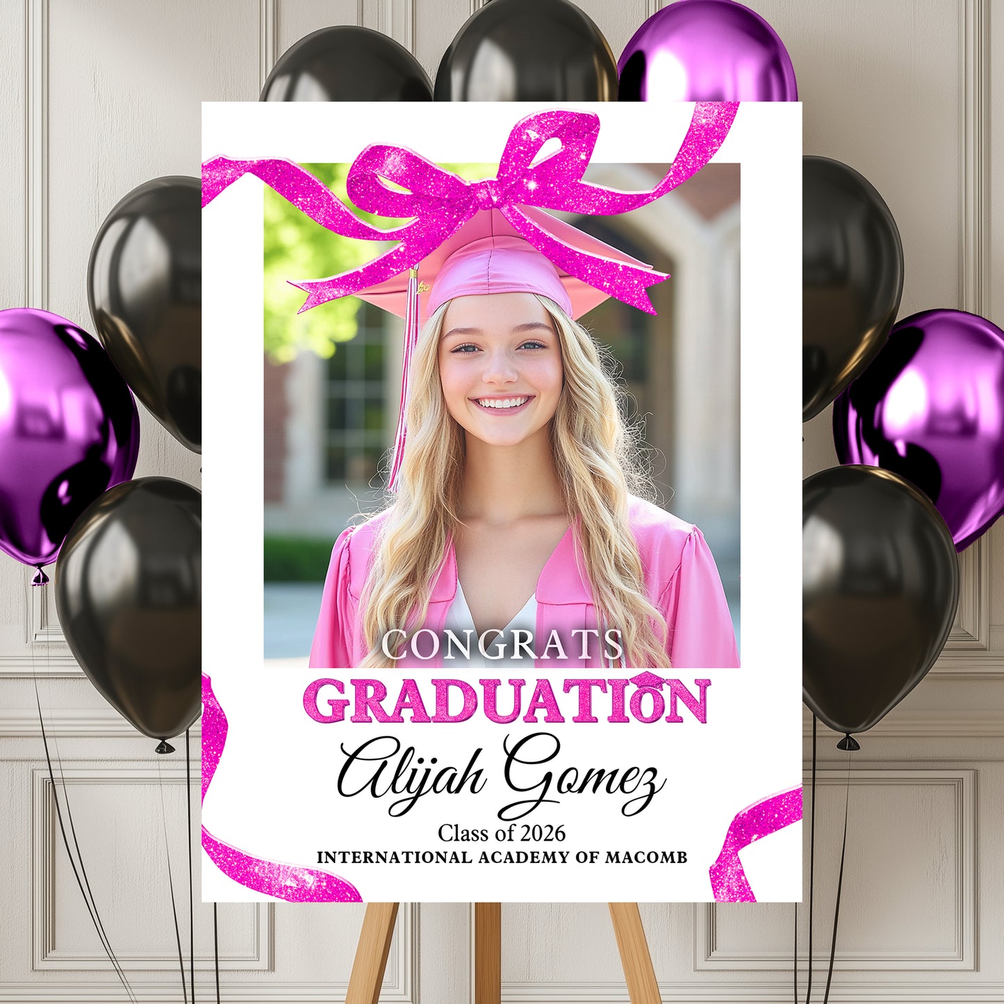Congrats Graduation Glitter Bow - Personalized Graduation Welcome Sign - Custom Photo Welcome Sign