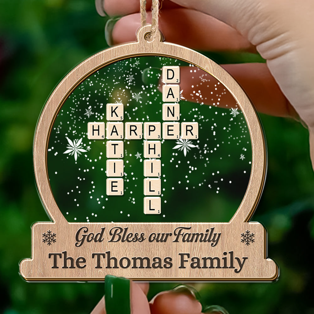 Personalized "God Bless Our Family" acrylic ornament, a unique family keepsake.