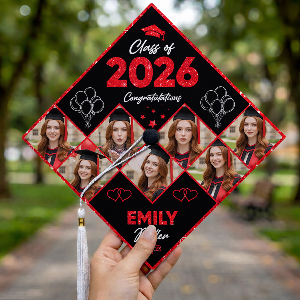 Class Of 2026 Photo Congrats Glitter Cap Topper - Personalized Printed Graduation Cap Topper