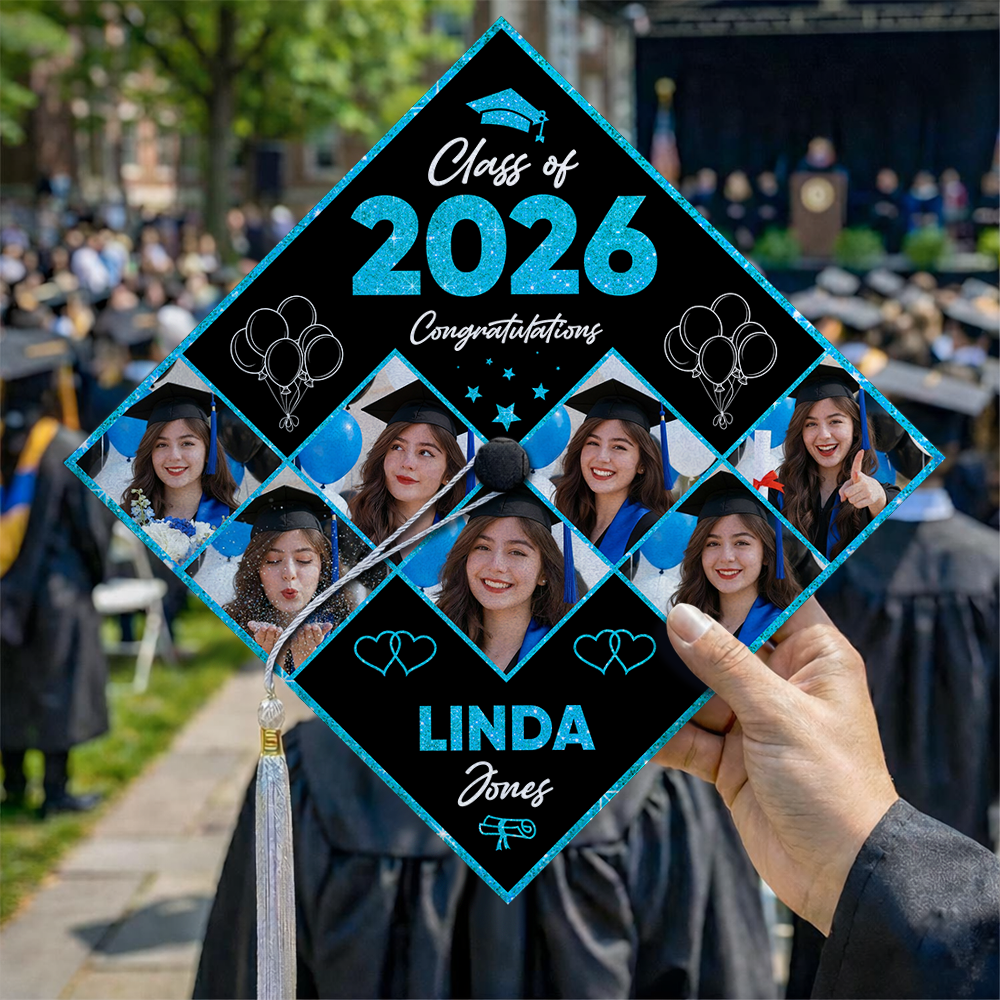 Class Of 2026 Photo Congrats Glitter Cap Topper - Personalized Printed Graduation Cap Topper