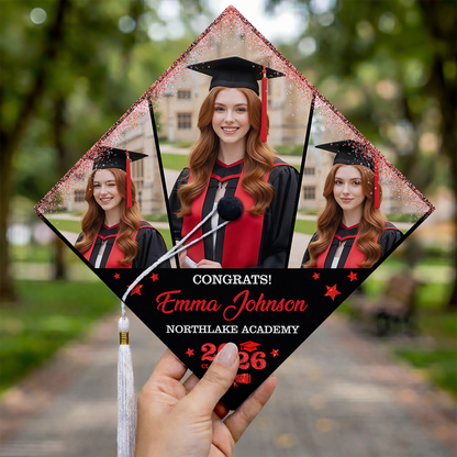 Class Of 2026 Congrats Glitter Cap Topper - Personalized Printed Graduation Cap Topper