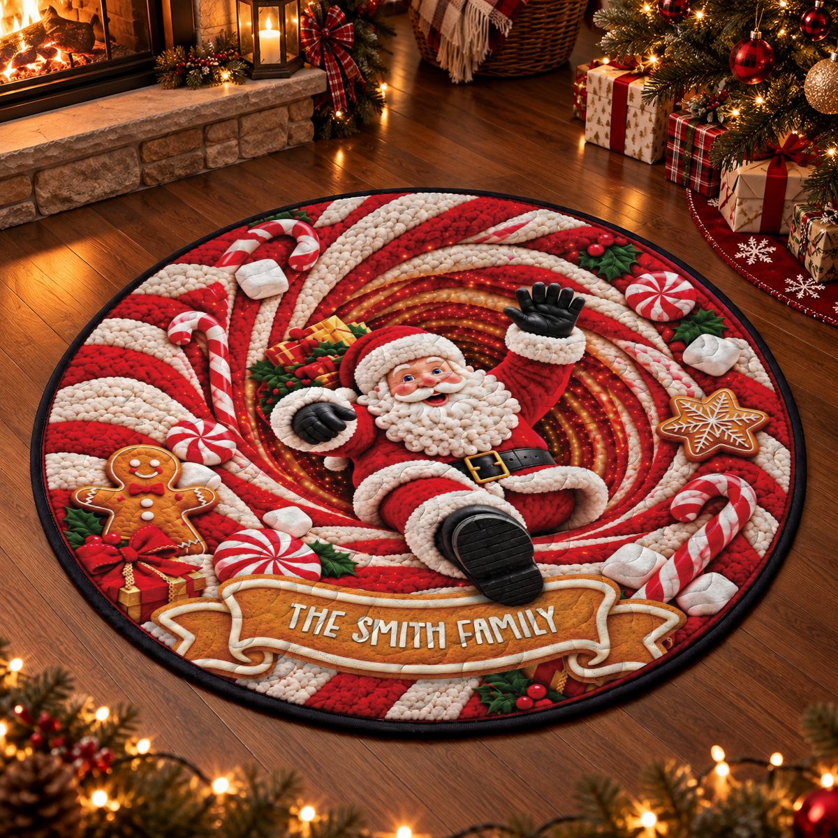 Santa Candy Cane and Gingerbread Round Mat  - Personalized Quilted Mat Custom Shaped Doormat - Christmas Decor 3D Round Rug