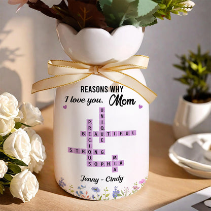 Reasons Why I Love You Mom Crossword Art - Personalized Custom Ribbon Tie Flower Vase