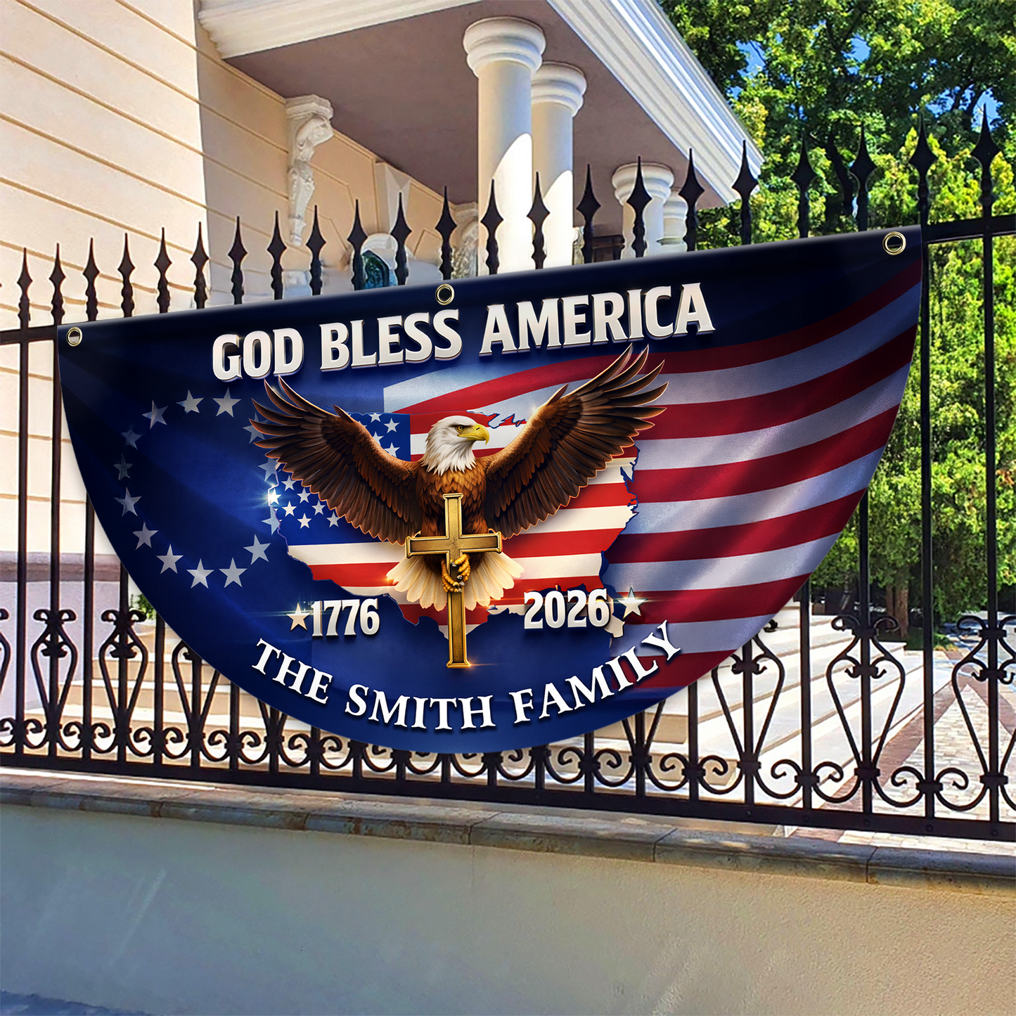 God Bless America 250 Years Of Freedom Glitter Fan Flag - Custom Family Name Non-Pleated Fan Flag