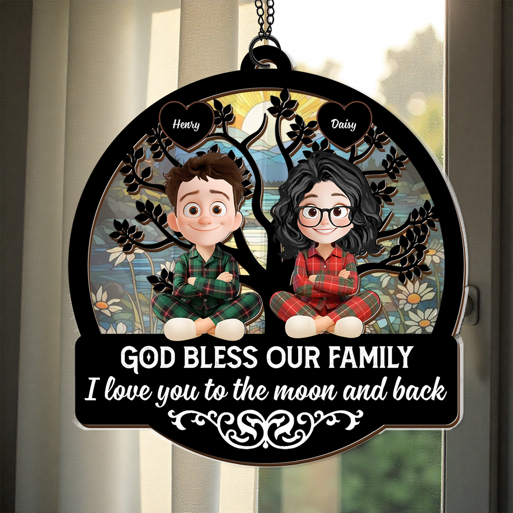 God Bless Our Family Christmas - Personalized Window Hanging Suncatcher Ornament