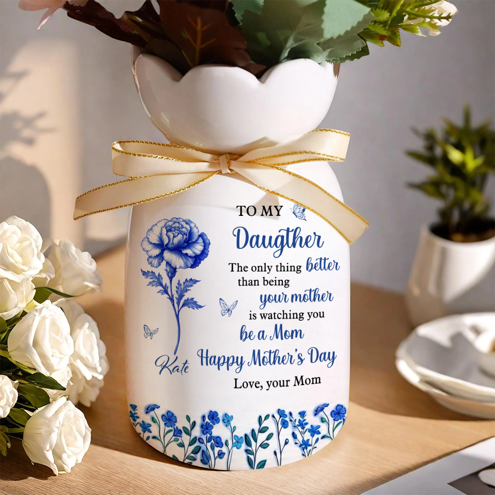 First Mom Now Grandma Birth Flower - Personalized Custom Ribbon Tie Flower Vase