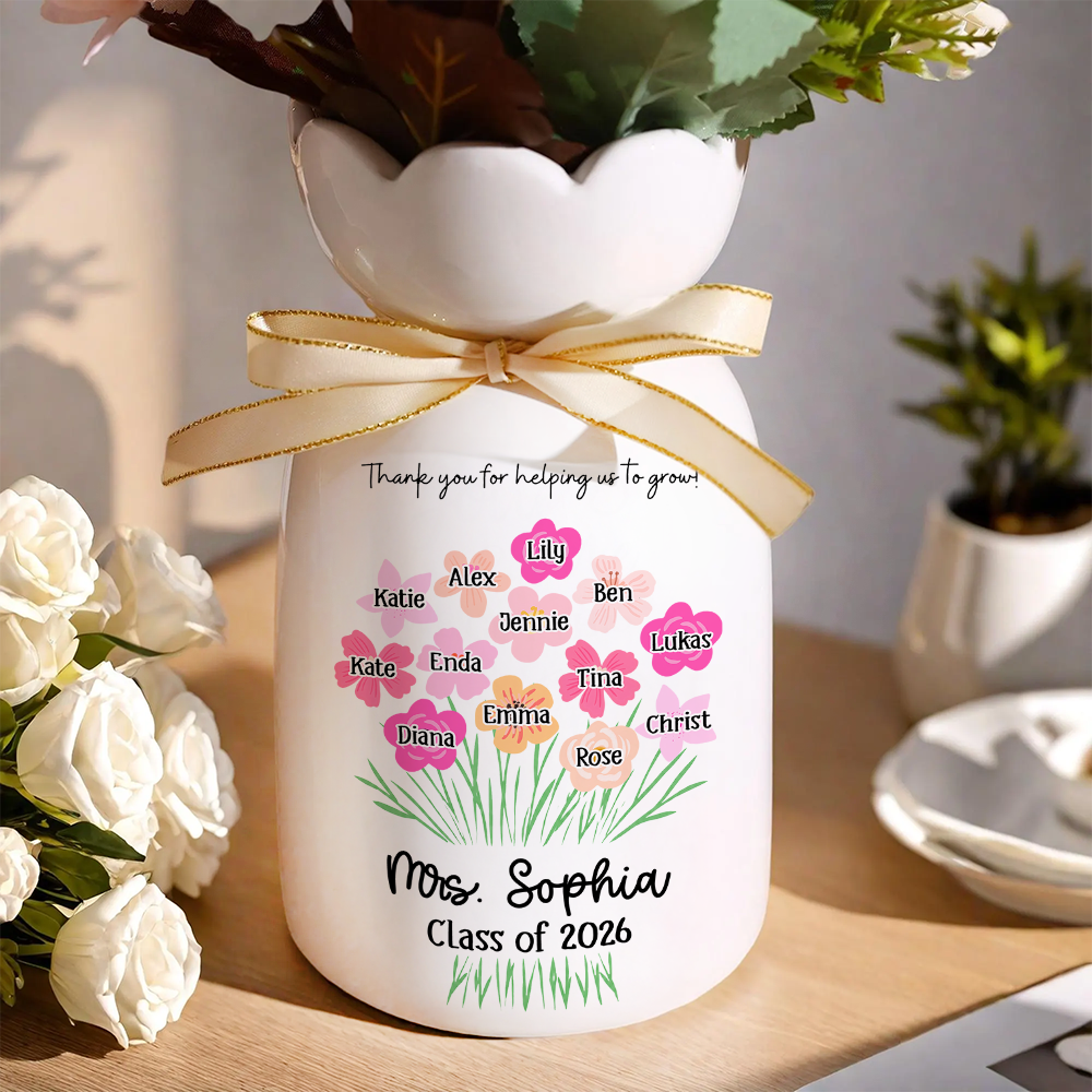 Personalized Teacher Gift - Thank You for Helping Us Grow- Personalized Custom Ribbon Tie Flower Vase
