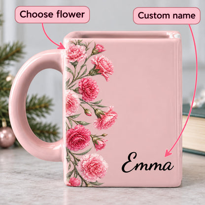 Flowers Month Book Lovers Shaped Mug - Personalized Name Gifts - Best Friend, Christmas & Birthday Friendship Keepsake Gift