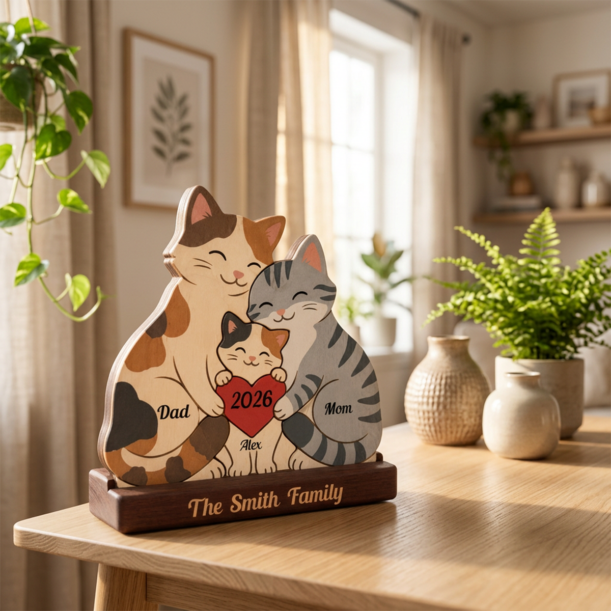 Personalized Cat Family Puzzle - Custom Premium Wooden Name Puzzle - Christmas Gifts