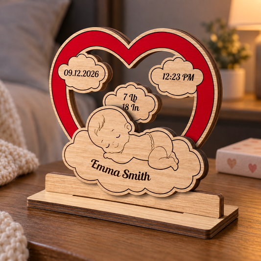 Christmas Baby New Born Heart - Personalized 2-Layer Wood Plaque With Flat Base
