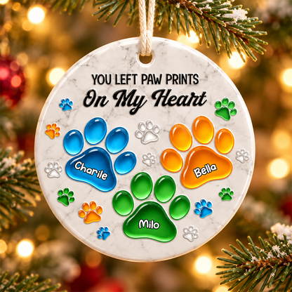 Personalized Pet Christmas Memorial Sympathy Gifts For Dogs, Cats - Pawprints On My Heart - Real 3D Relief Ornament