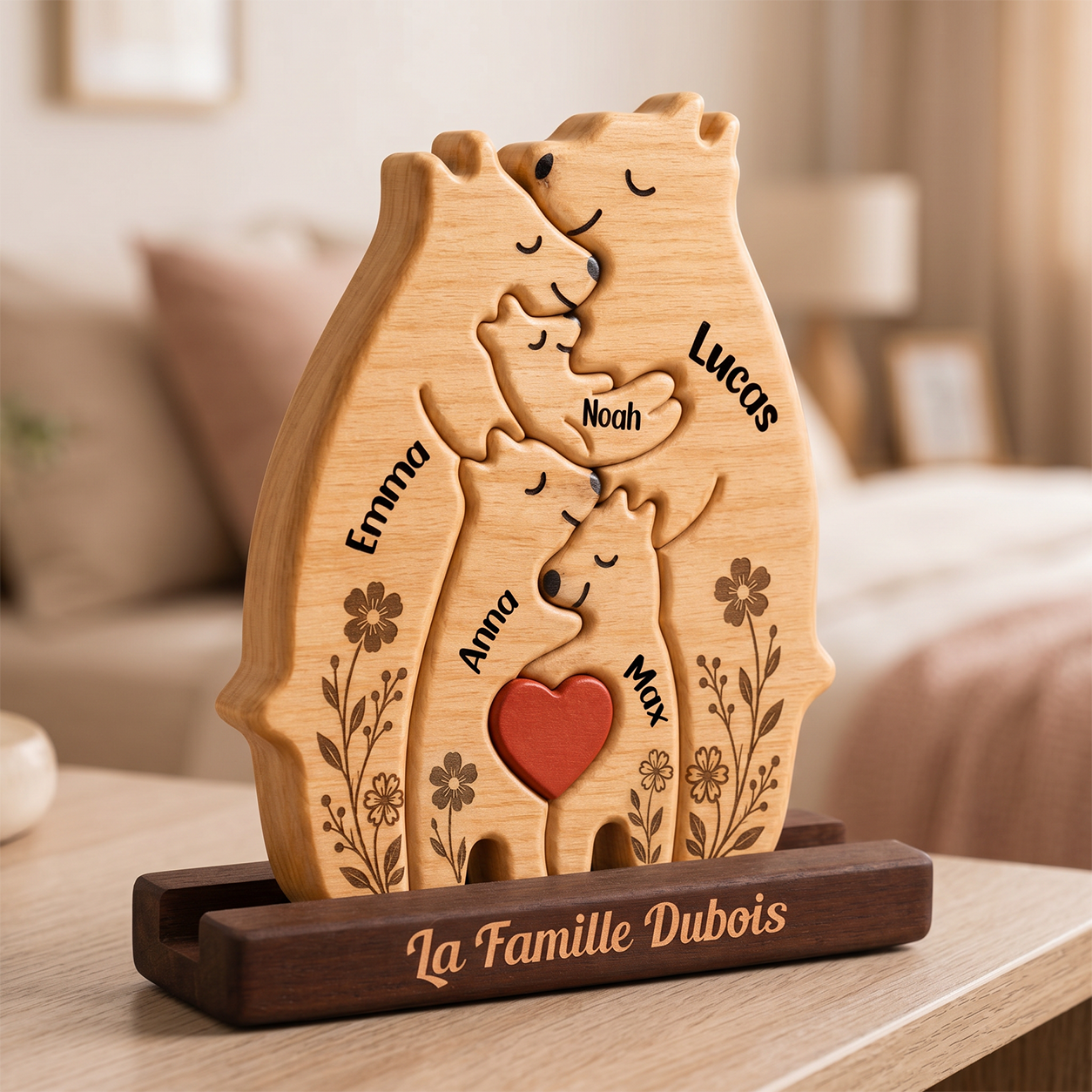 Personalized Floral Bear Family Puzzle - Custom Wooden Name Puzzle