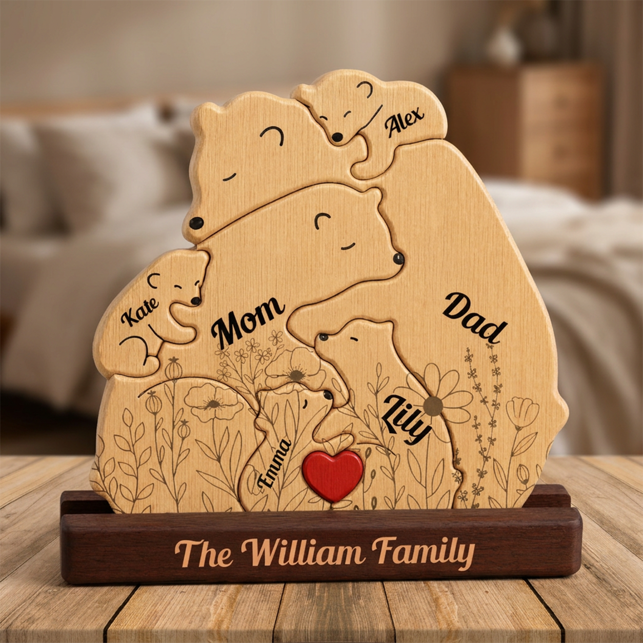 Personalized Cozy Bear Family Puzzle - Custom Wooden Name Puzzle