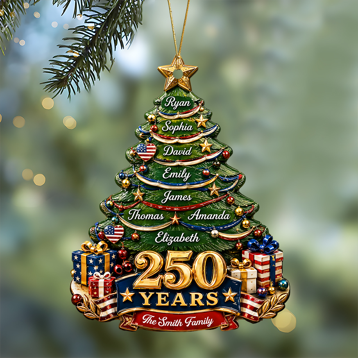 Christmas Tree Custom Family Name Personalized 250th America  - Real 3D Relief Ornament