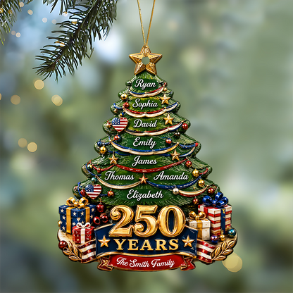 Christmas Tree Custom Family Name Personalized 250th America  - Real 3D Relief Ornament