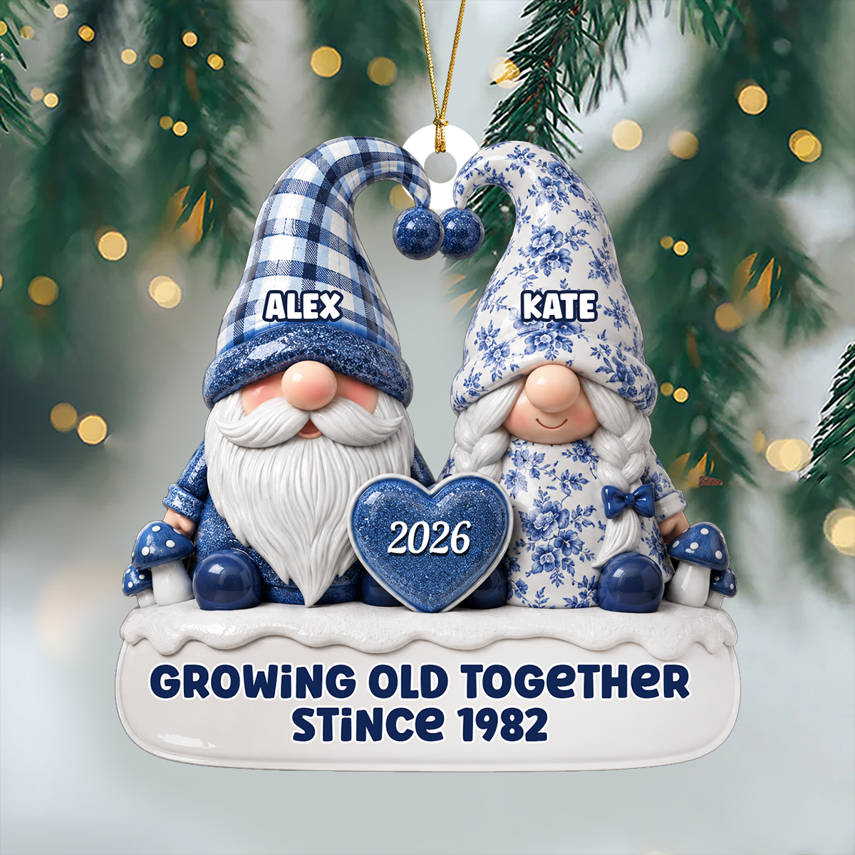 Toile De Jouy Pattern Gnome Couple - 3D Relief Ornament