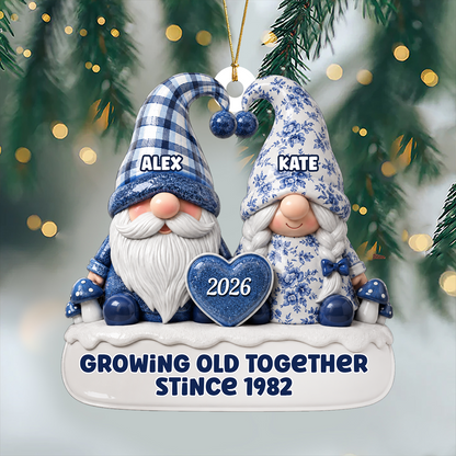 Toile De Jouy Pattern Gnome Couple - 3D Relief Ornament