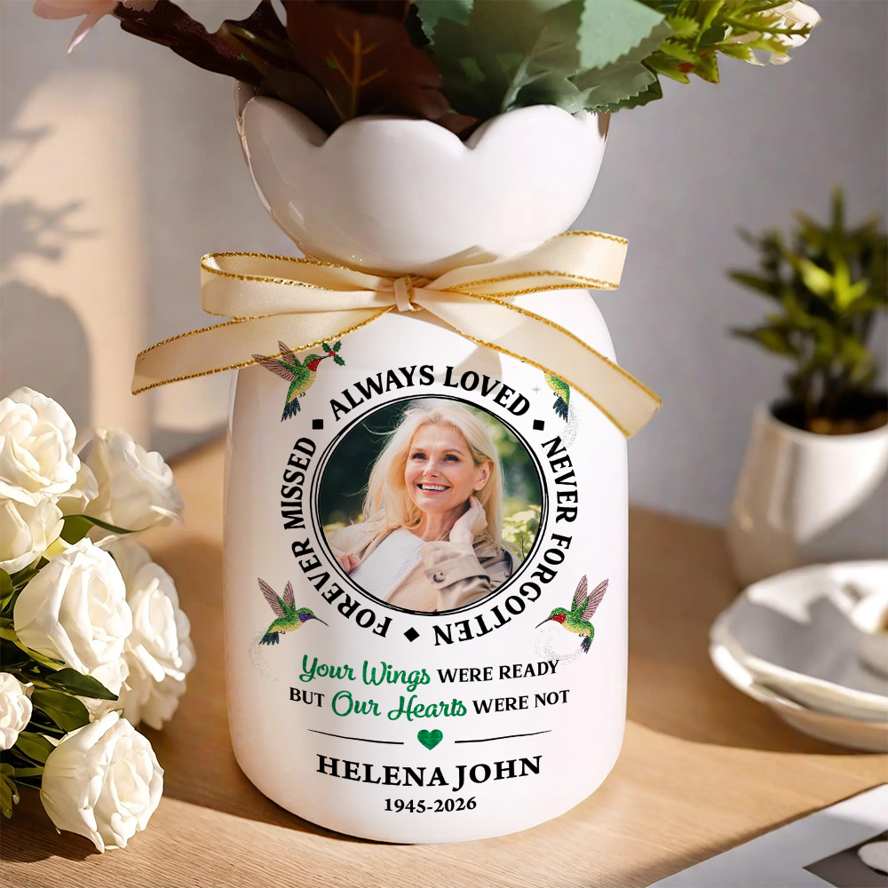 Custom Photo Memorial Always Loved Never Forgotten - Personalized Custom Ribbon Tie Flower Vase