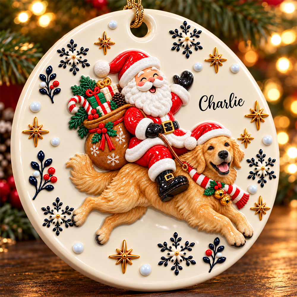 Santa On Dog's Back Upload Pet Photo Merry Christmas - Real 3D Relief Ornament