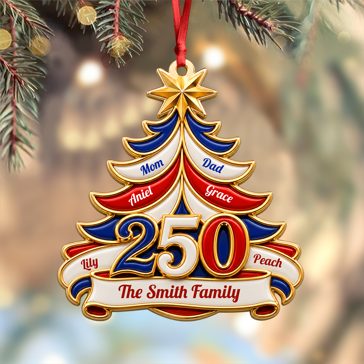 America 250 Christmas Tree Ornament with Family Names - Real 3D Relief Ornament
