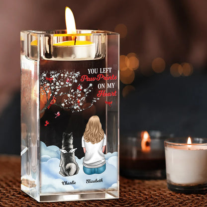 You Left Pawprints On My Heart - Personalized Crystal Candle Holder