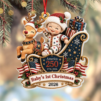 Baby's 1st Christmas In Sleigh America 250th Anniversary - Real 3D Relief Ornament