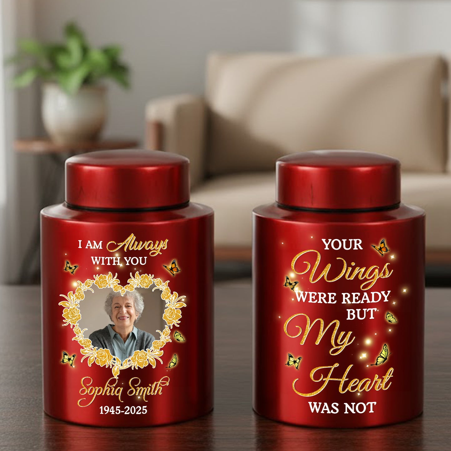 Heart Photo In Loving Memories Flowers -  Keepsake Wings Urn for Ashes - Stainless Steel Urn