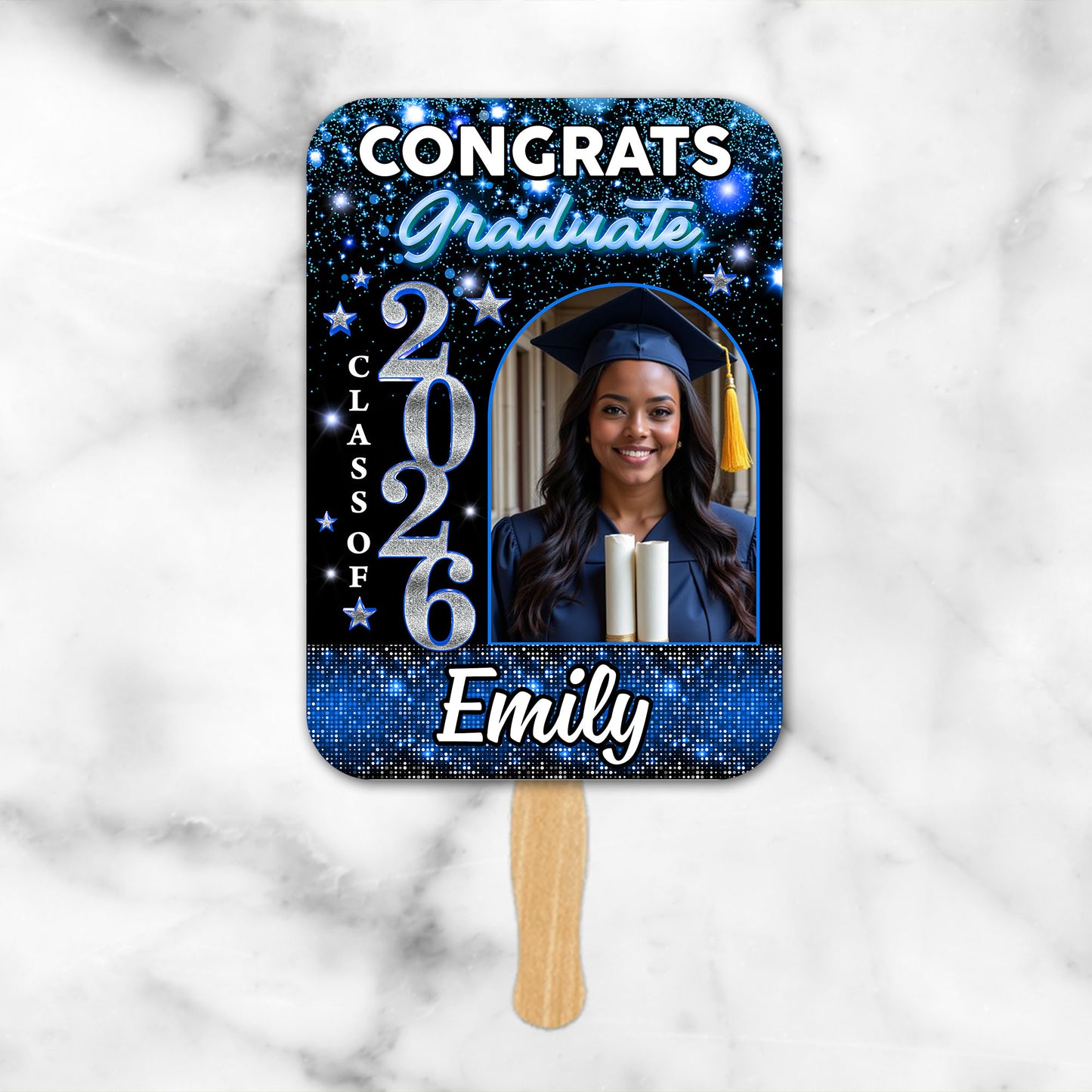 Personalized Graduation Face Fans Glitter With Wooden Handle - Fans Faces Class Of 2026