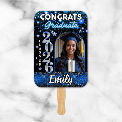 Personalized Graduation Face Fans Glitter With Wooden Handle - Fans Faces Class Of 2026