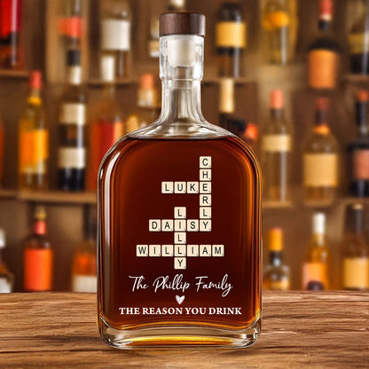 Crossword Puzzle Art - Our Family Personalized Custom Whiskey Bottle