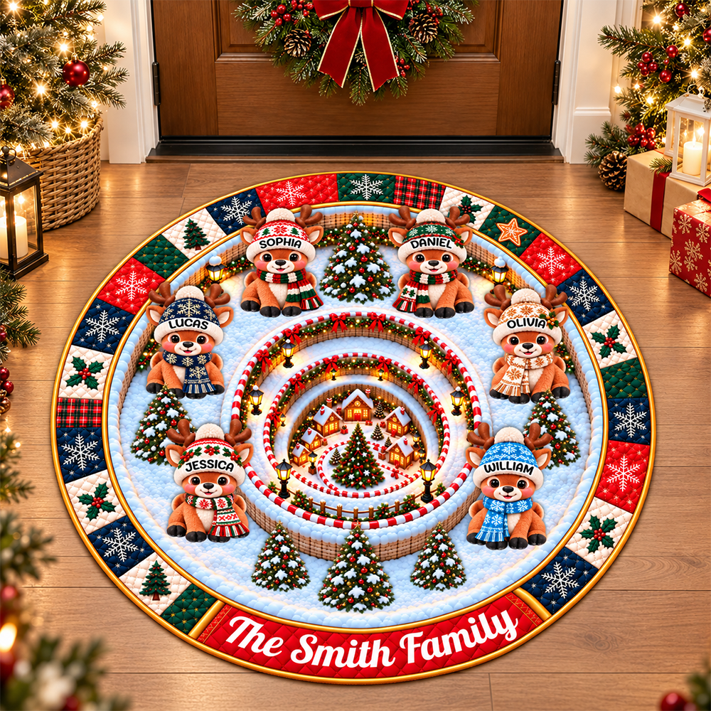 Our Little Reindeer Family Shaped Doormat - Personalized Christmas Decor 3D Round Rug