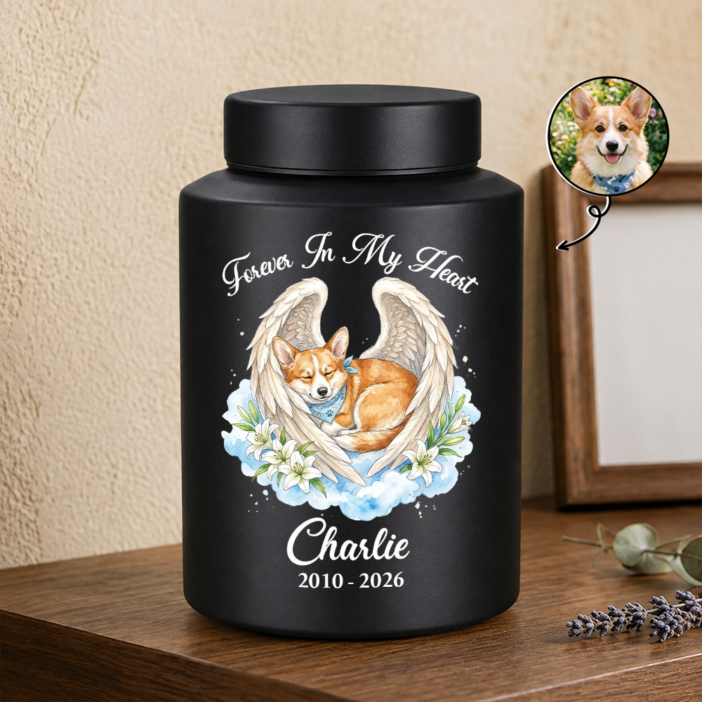 Memorial Upload Dog Cat Custom Photo - Remembrance Gift - Keepsake Wings Urn for Ashes - Stainless Steel Urn