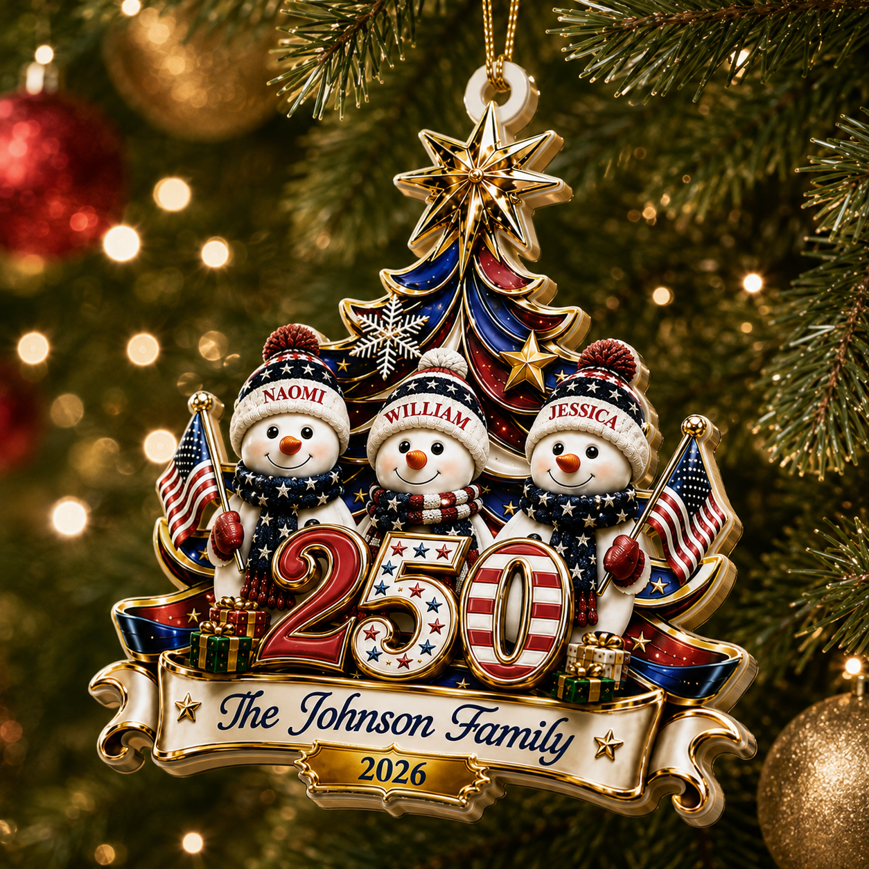 America 250 Snowman Family Christmas - Real 3D Relief Ornament 2