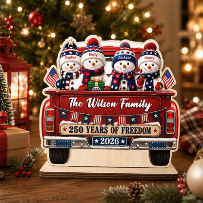 250 Years of Freedom Snowman Family - Personalized 2-Layer Wood Plaque With Flat Base