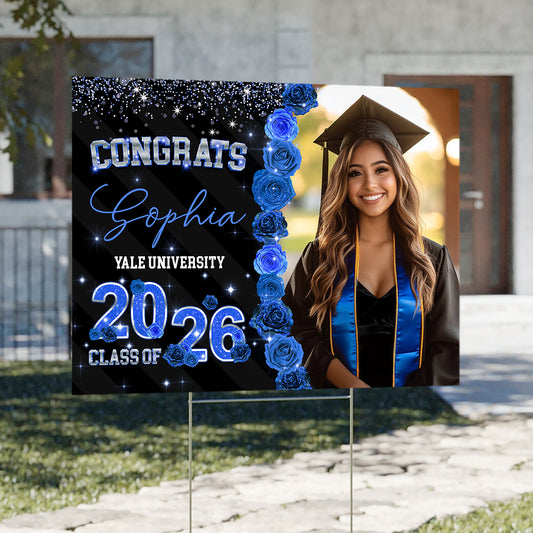Class Of 2026 Roses Glitter Lawn Sign, Graduation Gift - Personalized Graduation Yarn Sign With Stake