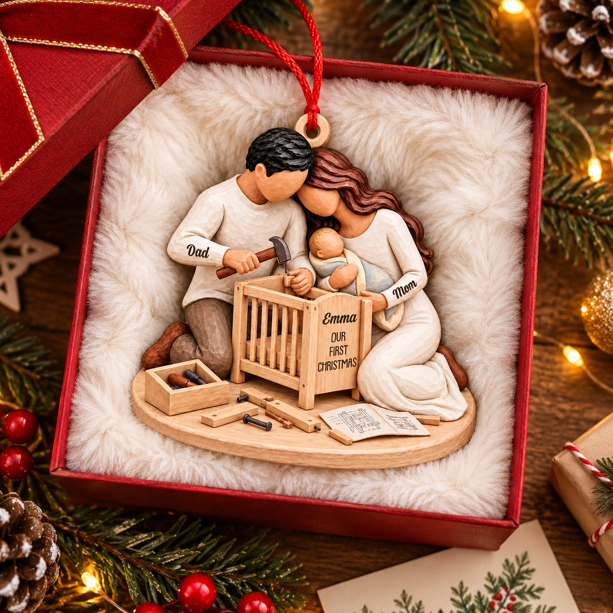 Expecting Couple Building Crib Ornament   - Custom Shaped 2 Layered Wood Christmas Ornament