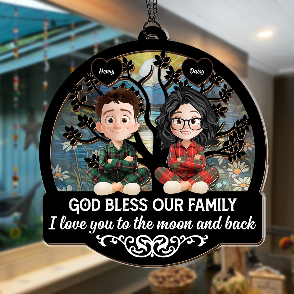 God Bless Our Family Christmas - Personalized Window Hanging Suncatcher Ornament