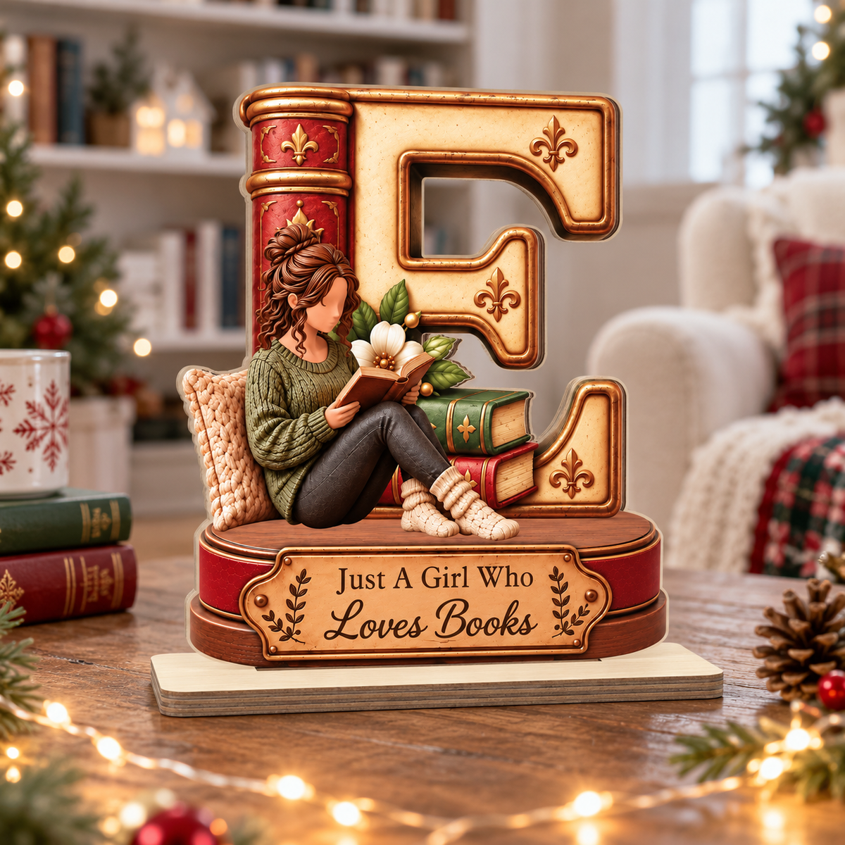 Just A Girl Who Loves Books Christmas - Personalized 2-Layer Wood Plaque With Flat Base
